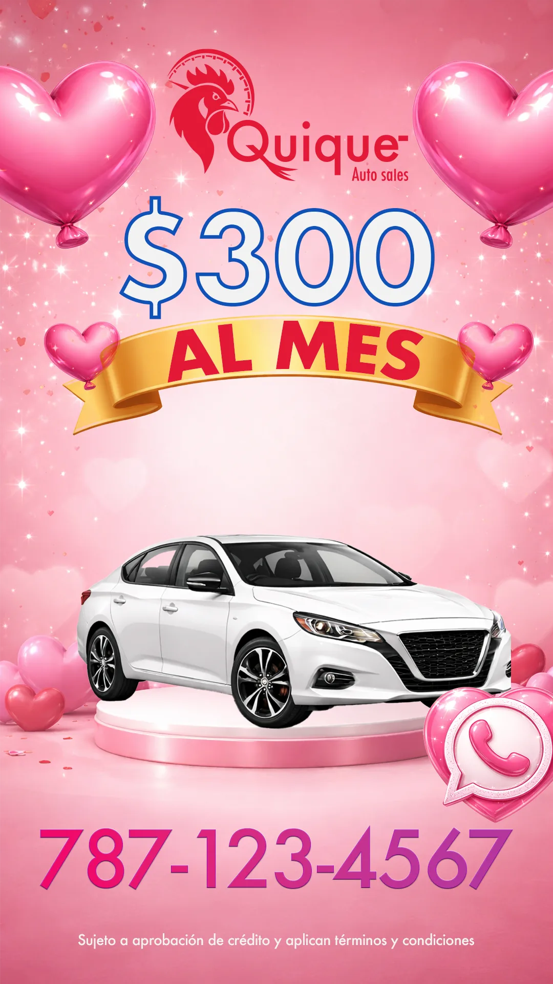 Historia de Quique Auto Sales en formato 9:16 con la promoción de $300 al mes adaptada a pantalla completa